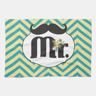 Chalkboard Mr Moustache Yellow Green Chevron Kitchen Towel