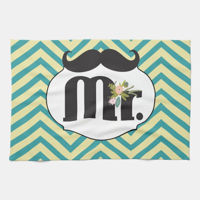 Chalkboard Mr Moustache Yellow Green Chevron Kitchen Towel (Horizontal)
