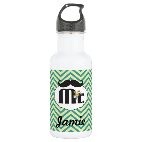 Chalkboard Mr Yellow and Green Wedding Water Bottle