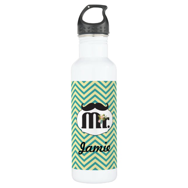 Chalkboard Mr Yellow and Green Wedding Water Bottle (Front)