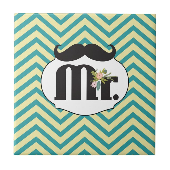 Chalkboard Mr. Yellow and Green Zigzag Chevron Ceramic Tile (Front)