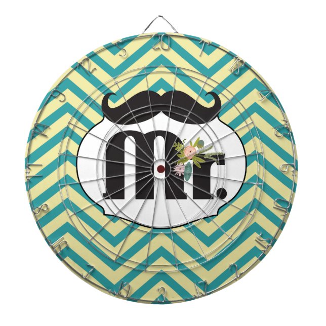 Chalkboard Mr. Yellow and Green Zigzag Chevron Dartboard With Darts (Front)