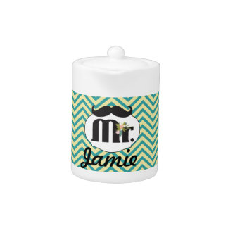 Chalkboard Mr. Yellow and Green Zigzag Chevron Teapot