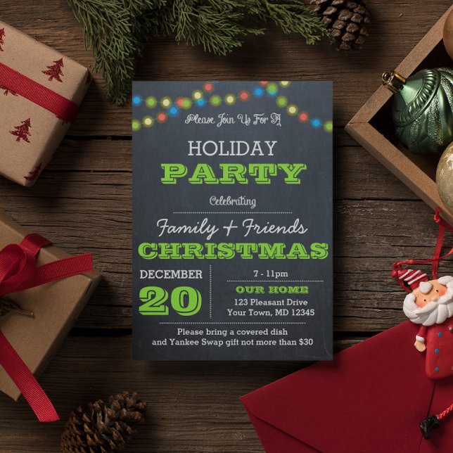 Chalkboard Multi Lights Green Holiday Invitation (Creator Uploaded)