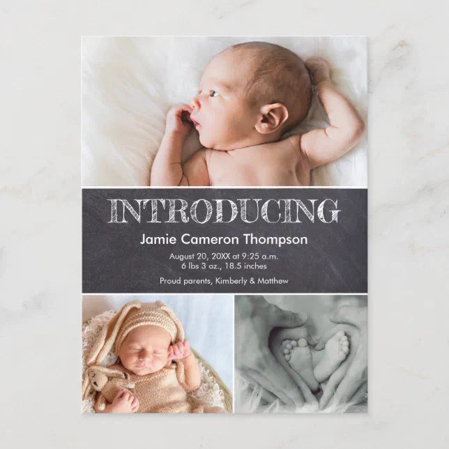 Chalkboard Multi photo collage Baby Birth Announcement Postcard Zazzle