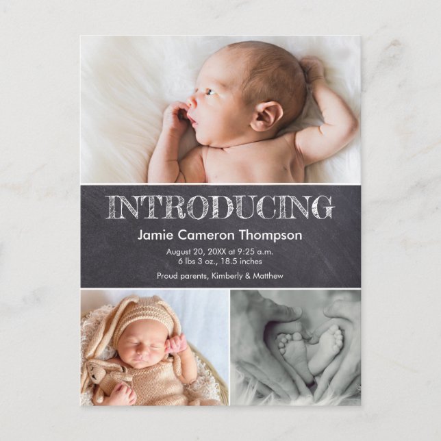 Chalkboard Multi photo collage Baby Birth Announcement Postcard (Front)