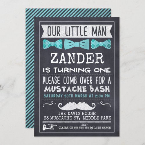 Chalkboard Mustache 1st Birthday Invitation