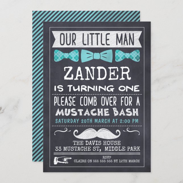 Chalkboard Mustache 1st Birthday Invitation (Front/Back)