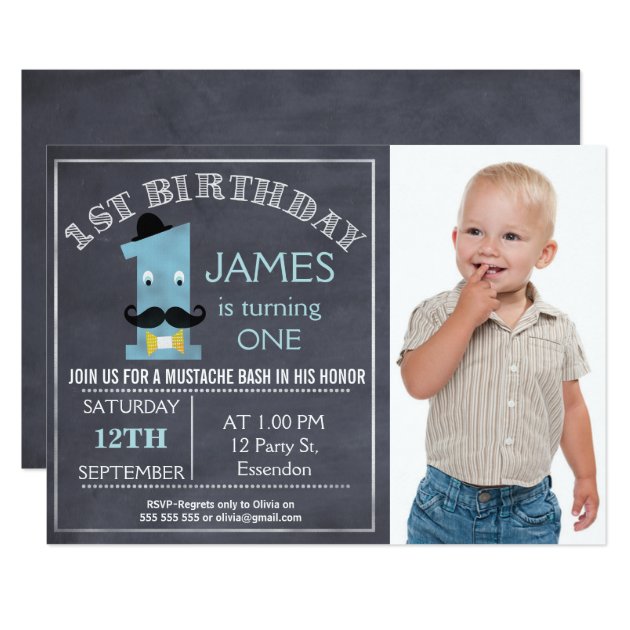 Chalkboard Mustache 1st Birthday Party Invitation