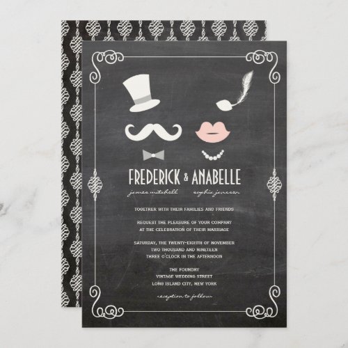 Chalkboard Mustache And Lips Vintage Chic Wedding Invitation