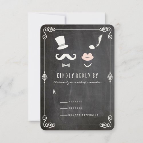 Chalkboard Mustache And Lips Vintage Chic Wedding RSVP Card