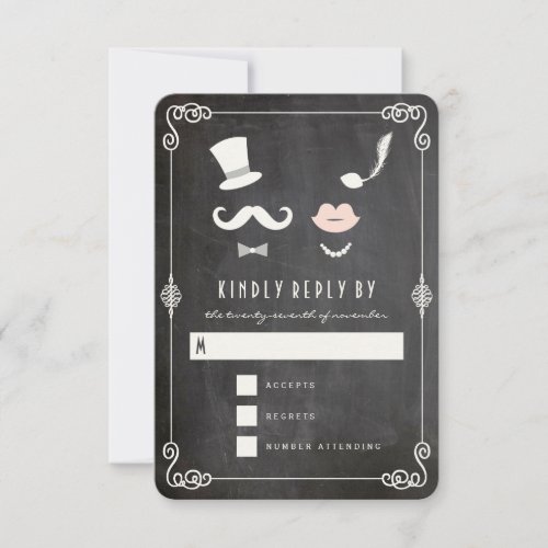 Chalkboard Mustache And Lips Vintage Chic Wedding RSVP Card