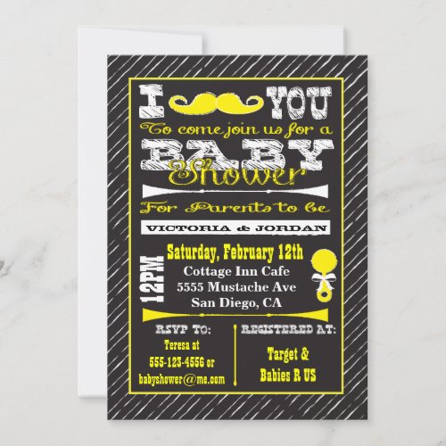 Chalkboard Mustache Baby Shower Party Invitations