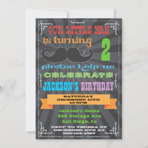 Chalkboard Mustache Birthday Party Invitations