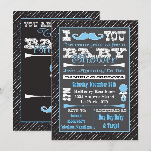 Chalkboard Mustache Boy Baby Shower Invitations