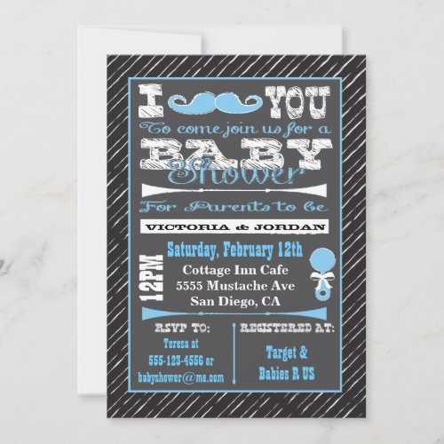 Chalkboard Mustache Boy Baby Shower Invitations
