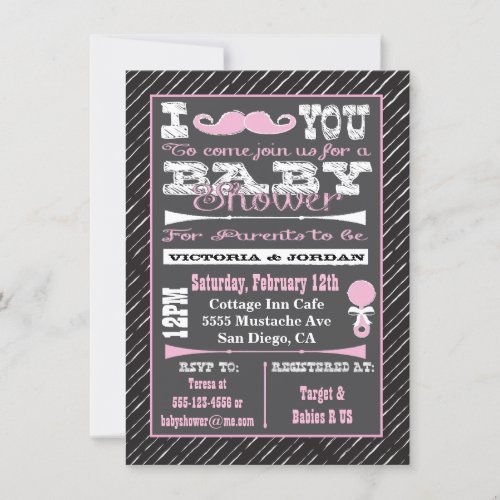 Chalkboard Mustache Girl Baby Shower Party Invitation