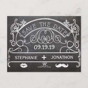 Chalkboard Mustache Lips Vintage Save the Date Announcement Postcard
