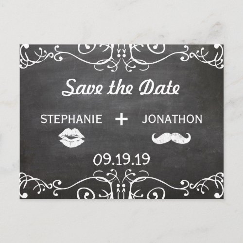 Chalkboard Mustache Lips Vintage Save the Date Announcement Postcard