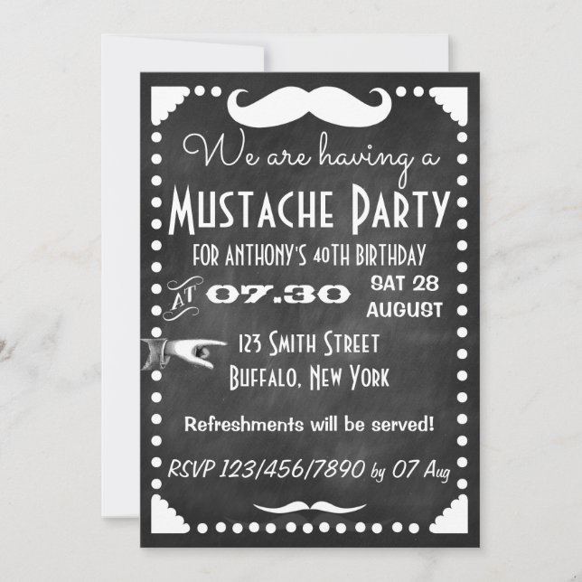 Chalkboard Mustache Party Invitation (Front)