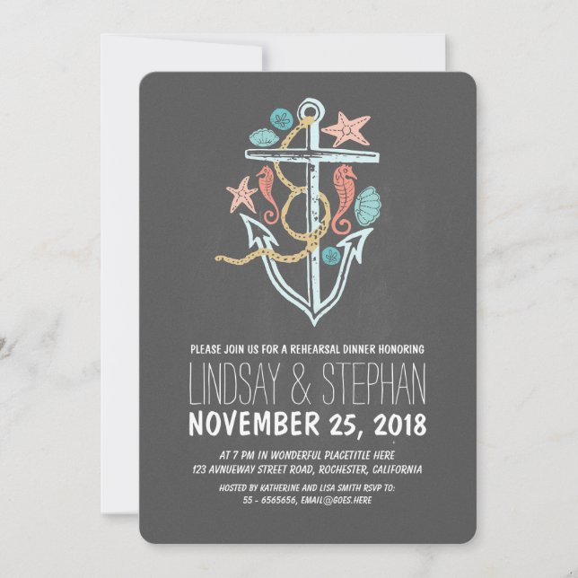 Chalkboard Nautical Beach Rehearsal Dinner Invites (Front)