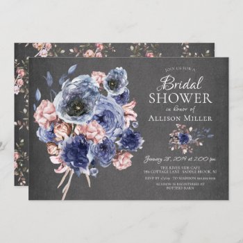 Chalkboard Navy Blush Floral Bridal Shower Invitation by invitationstop at Zazzle