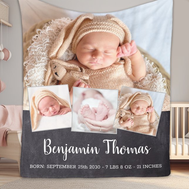 Chalkboard New Baby Personalized 4 Photo Collage Fleece Blanket (Creator Uploaded)