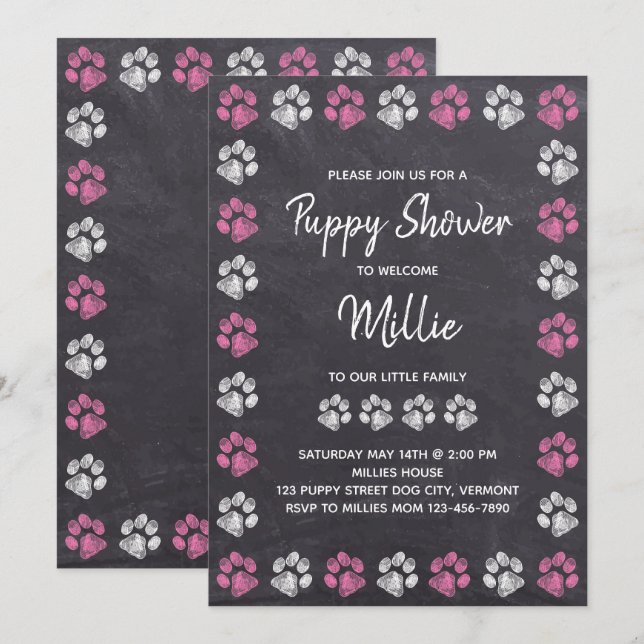 Chalkboard New Pet Pink Dog Puppy Shower Invitation (Front/Back)