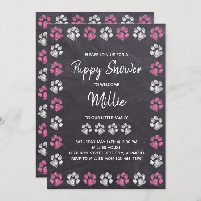 Chalkboard New Pet Pink Dog Puppy Shower Invitation (Front/Back)