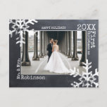 Chalkboard Newlywed Christmas Photo Snowflake Holiday Postcard<br><div class="desc">Customize this photo card with a wedding photo or a photo of you and your new husband or wife enjoying life together. This card features distressed snowflakes and typewriter font.</div>