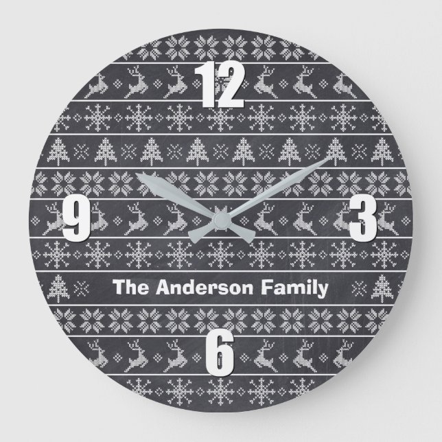 Chalkboard Nordic Knit Ugly Sweater Name Modern Large Clock (Front)