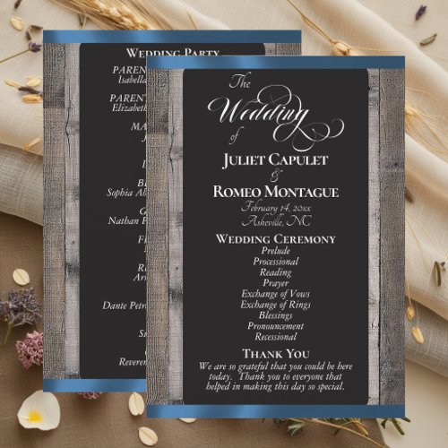 Chalkboard on Wood & Blue Ribbon - Wedding Program