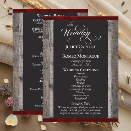 Chalkboard on Wood & Burgundy Ribbon - Wedding Program