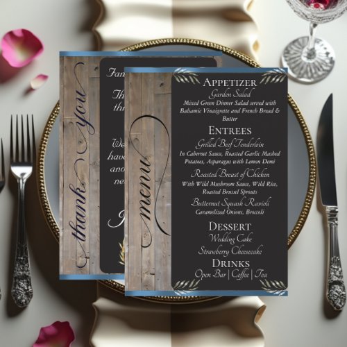 Chalkboard on Wood, Monogram & Thank You - Blue Menu