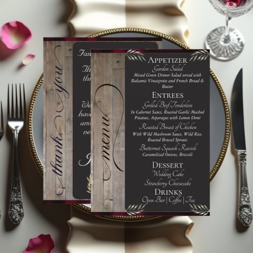 Chalkboard on Wood, Monogram & Thank You -Burgundy Menu