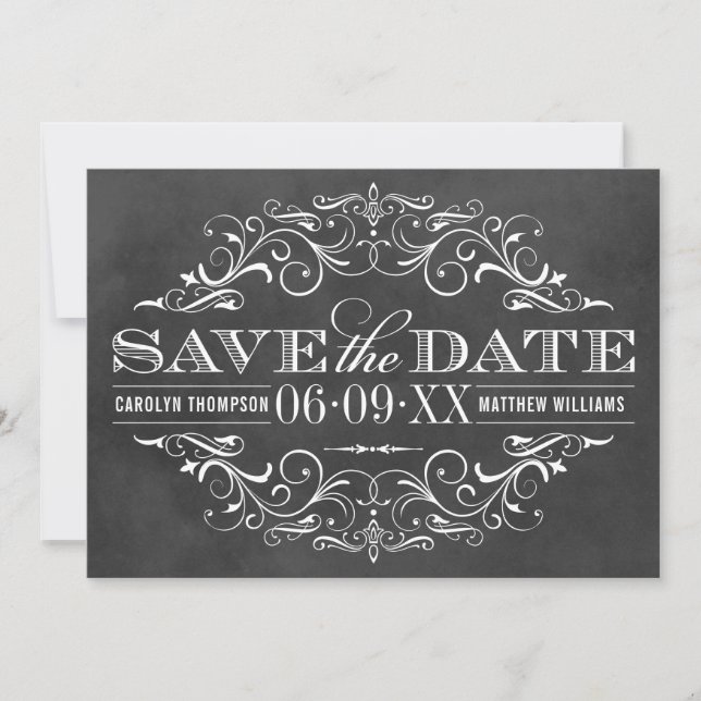 Chalkboard Ornate Flourish Frame Wedding Save The Date (Front)