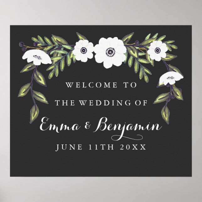 Chalkboard Painted Anemones Wedding Welcome Sign (Front)