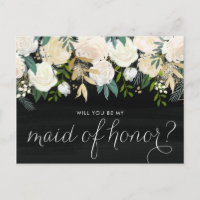 Chalkboard Pale Peonies Be My Maid of Honor Invitation Postcard