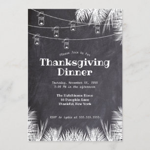 Chalkboard Palm Leaves Hanging Lights Thanksgiving Invitation