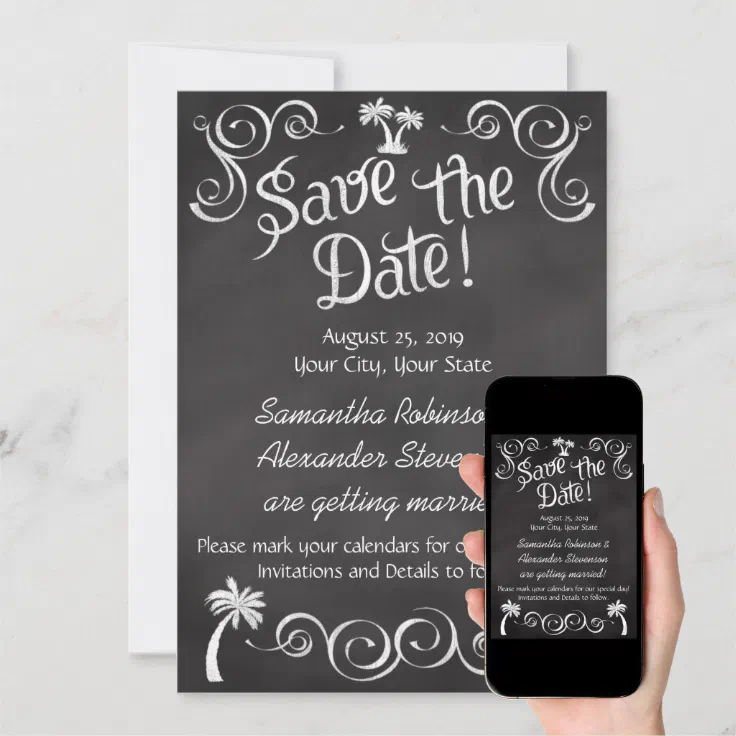 Chalkboard Palm Tree Beach Wedding Save the Date Invitation Zazzle
