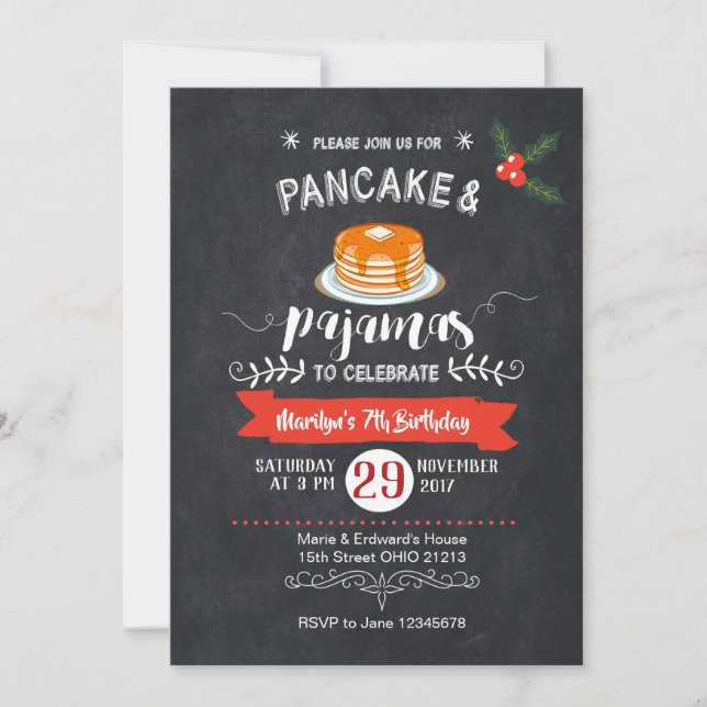 Chalkboard Pancake and Pajamas Birthday Invitation (Front)