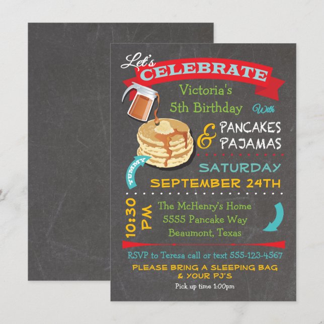 Chalkboard Pancakes and Pajamas Birthday Party Invitation (Front/Back)