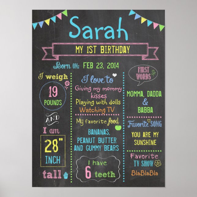 Chalkboard Party personalized 1st birthday poster (Front)