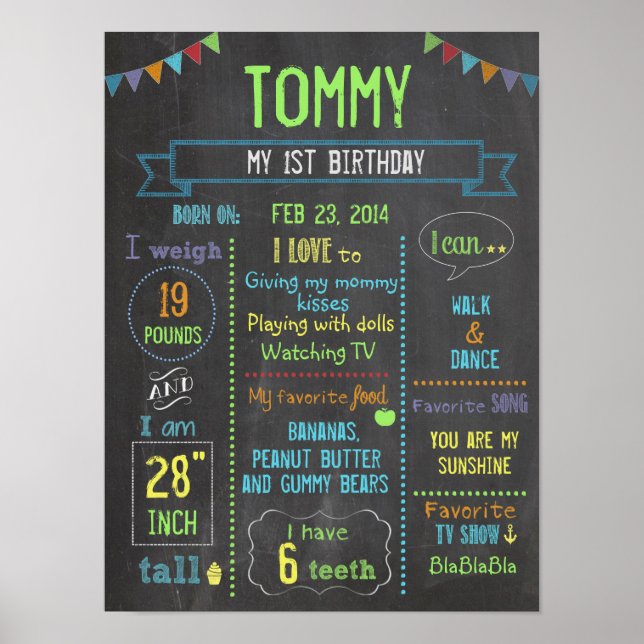 Chalkboard Party personalized boy birthday poster (Front)