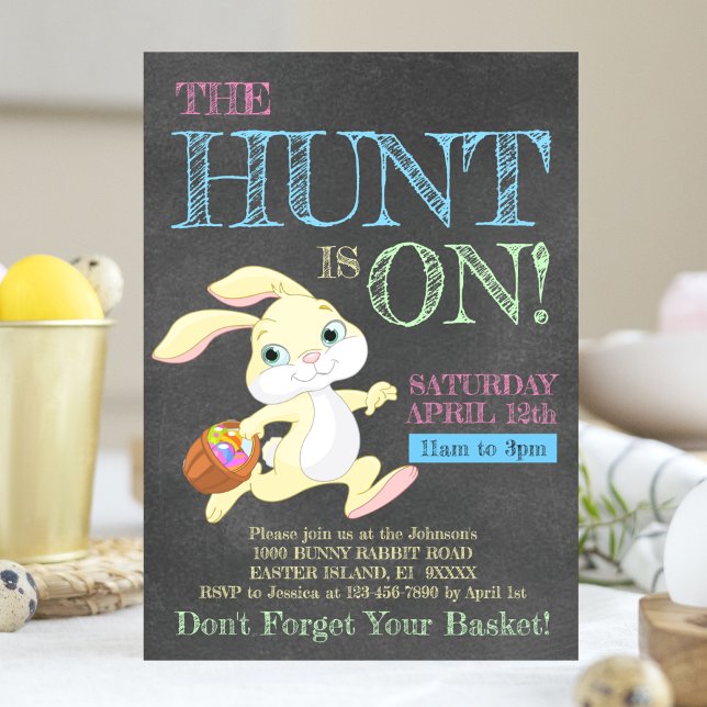 Chalkboard Pastel Bunny Rabbit Easter Egg Hunt Invitation (Creator Uploaded)