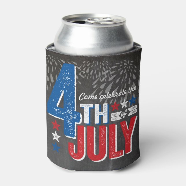 Chalkboard Patriotic Fireworks 4th of July Party Can Cooler (Can Front)