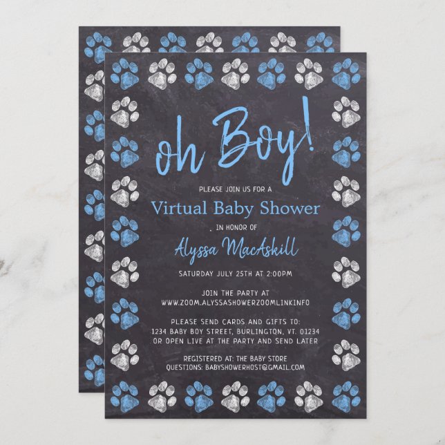 Chalkboard Paw Print Blue Boy Virtual Baby Shower Invitation (Front/Back)