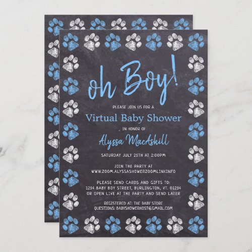 Chalkboard Paw Print Blue Boy Virtual Baby Shower Invitation
