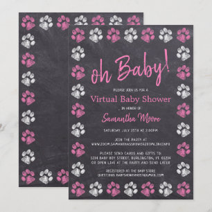Chalkboard Paw Print Pink Girl Virtual Baby Shower Invitation