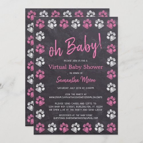Chalkboard Paw Print Pink Girl Virtual Baby Shower Invitation